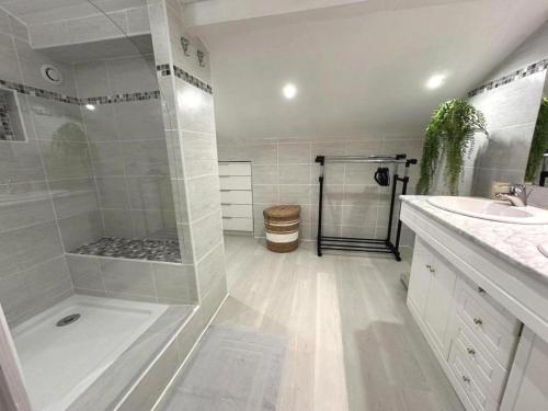 a white bathroom with a shower and a sink at Le gîte sabotier in Nerbis