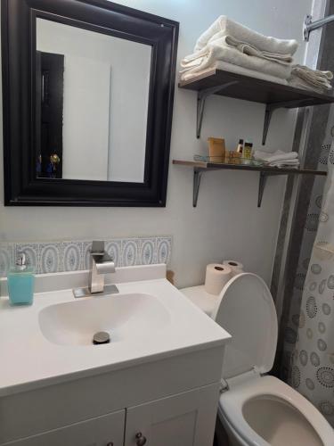 a bathroom with a sink and a mirror and a toilet at Dinosaur Hotel in Drumheller