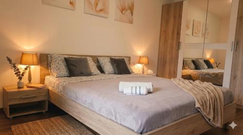 a bedroom with a large bed and a mirror at Apartment Bruneck Central in Brunico