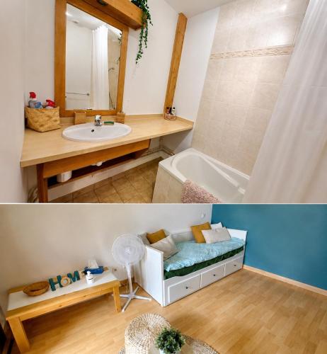 two pictures of a bathroom with a sink and a bath tub at Studio dans résidence de tourisme*** in Giez