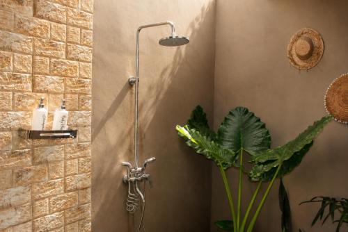 a shower in a bathroom with a plant at Papahan Bali in Sidemen