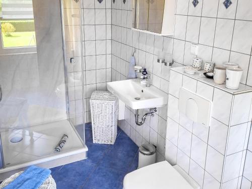a bathroom with a sink and a toilet and a shower at Ferienwohnung Locke in Kluis
