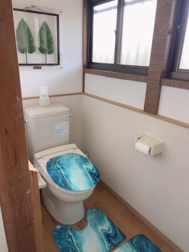 a bathroom with a toilet with a blue seat at Stonehouse2 in Usa