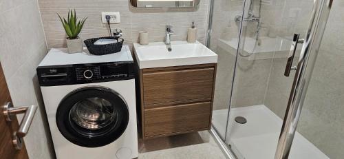 a bathroom with a washing machine and a sink at Apartments Huljić in Hvar