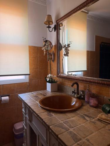 a bathroom with a sink with a large mirror at Circus-Goretti House in Mairena del Aljarafe