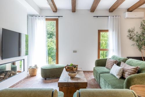 a living room with a green couch and a tv at Cal Moline Arrels - Refugio rural de diseño en el Berguedà in Graugés