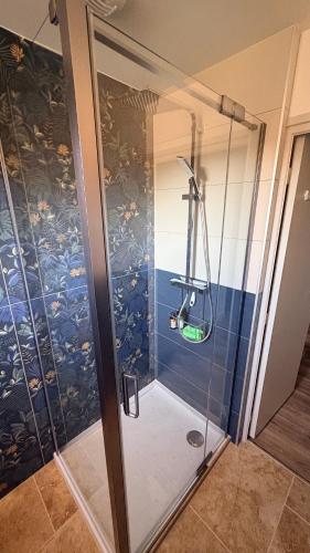 a shower with a glass door in a bathroom at La Garçonnière appartement climatisé in Charolles