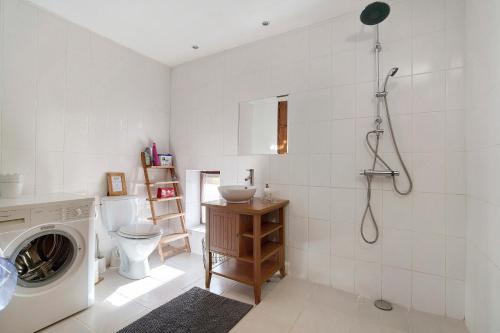 a bathroom with a washing machine and a toilet at Gite Le Mas in Corgnac-sur-lʼIsle