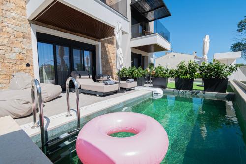 a pink toilet in a swimming pool next to a house at Trithiron Luxury Villas in Nea Moudania