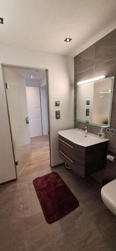 a bathroom with a sink and a toilet and a mirror at Pension Ferienwohnung Pirhofer in Kramsach