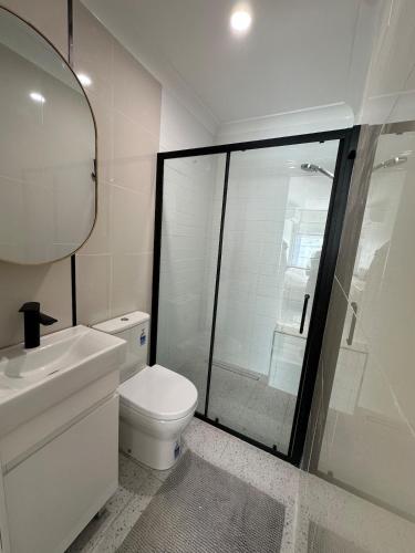 a bathroom with a toilet and a sink and a shower at Studio with private kitchenette and bathroom in Leumeah