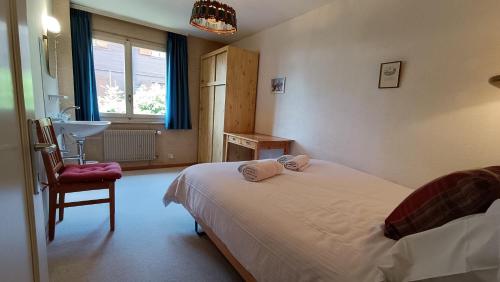 a bedroom with a bed and a sink and a window at Panorama 14 in Bagnes