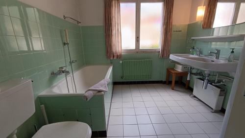 a green bathroom with a tub and a sink at Panorama 14 in Bagnes