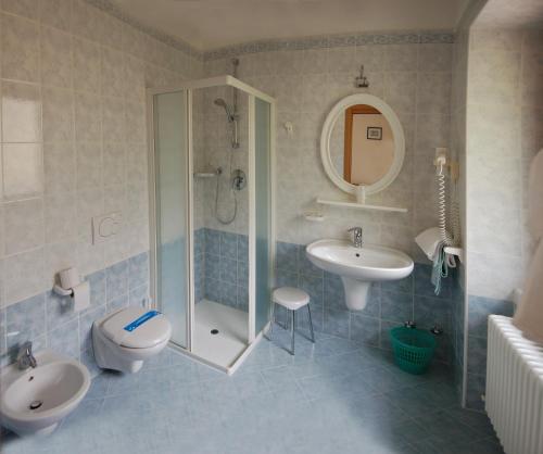 a bathroom with a shower and a toilet and a sink at Albergo Silvana in Ledro