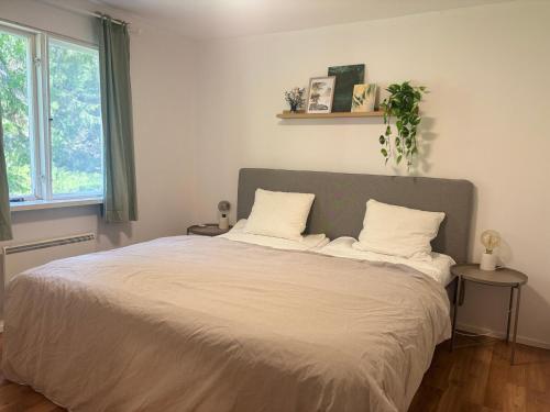 a bedroom with a large bed with two pillows at Stuga Rödhake in Annerstad