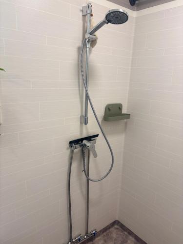 a shower with a shower head in a bathroom at Stuga Rödhake in Annerstad