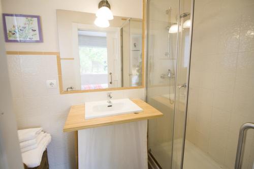 a bathroom with a sink and a shower at La Casa del Petirrojo de Ribamontan al Mar con Surf y Tranquilidad in Castanedo