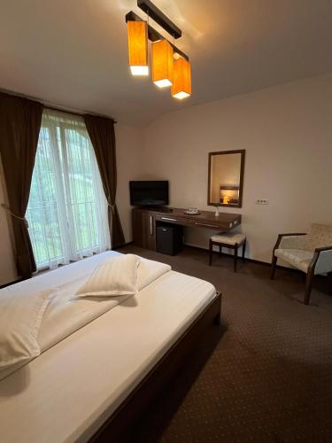 a bedroom with a bed and a desk and a television at Pensiunea Eden in Jibou