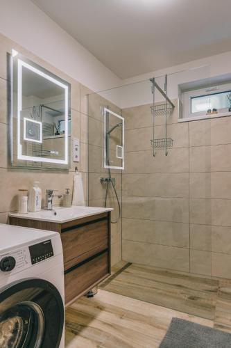 a bathroom with a washing machine and a sink at Malomfészek Apartman in Tapolca