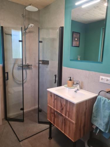 a bathroom with a sink and a shower at 5lakes & nature in Starnberg