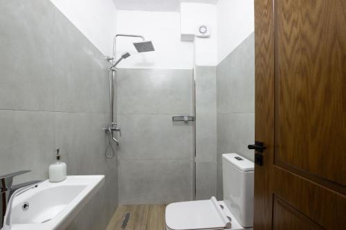 a bathroom with a shower and a toilet and a sink at Old Street Villa in Gjirokastër