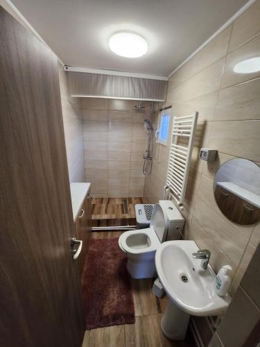 ein kleines Badezimmer mit Toilette und Waschbecken in der Unterkunft CasaMari in Corbu