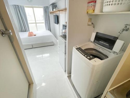 a small laundry room with a washer and dryer at Kameari 1110 - 11F Newly Renovated High Floor City View 2min to Mall 5min to Station Disney Access in Tokyo