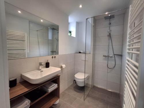 a bathroom with a sink and a toilet and a shower at Linden's Apartments in Ayl