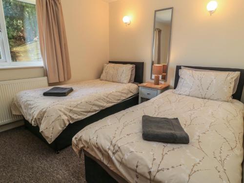 a bedroom with two beds and a mirror at Ryecross Farm Cottage in Melbury Abbas