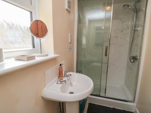 a bathroom with a sink and a shower at Ryecross Farm Cottage in Melbury Abbas