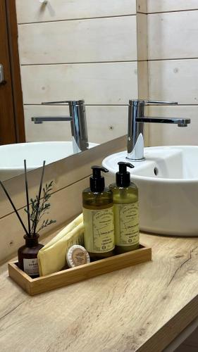 a bathroom with two bottles of soap and a sink at Cabanas das Chousas in Lugo