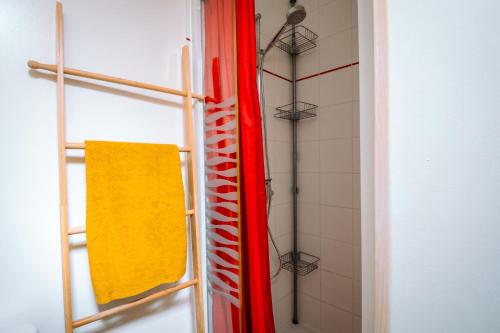 a red ladder in a shower with a yellow towel at Gîte de caractère - La Grangette in Saint-Julien-le-Faucon