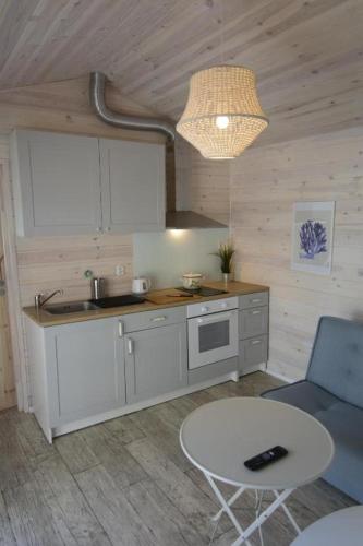 a kitchen with a sink and a table in a room at Domek wakacyjny Bloom in Rewa