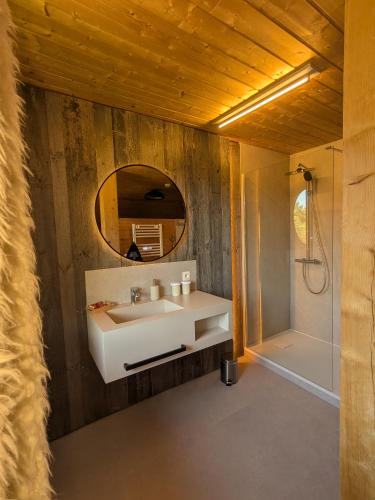 a bathroom with a sink and a mirror at Domaine de l'Adoux in Saint-Jean