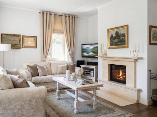a living room with a couch and a fireplace at Golden Villas Luxury Garden Villa - Kraków in Węgrzce