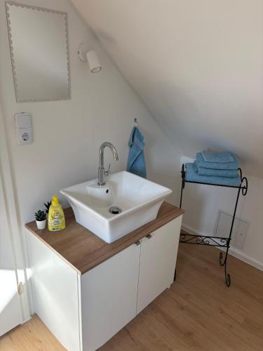 a bathroom with a white sink on a counter at Green View Apartment in Wülfrath
