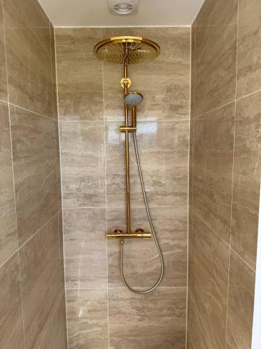 a shower with a shower head in a bathroom at Estate in calm nature in Sorø