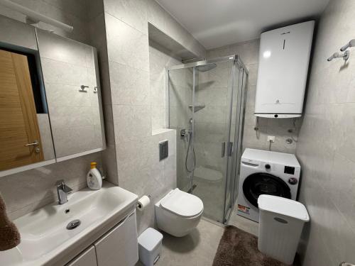 a bathroom with a sink and a toilet and a shower at White stone house in Bigova