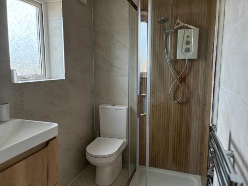 a bathroom with a toilet and a shower and a sink at Lavender Cottage in Chathill