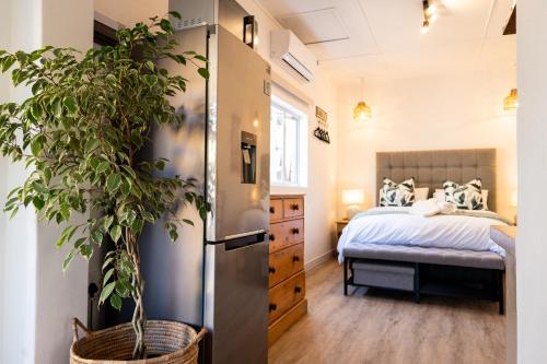 a small bedroom with a bed and a plant at Hilton Hideaway in Hilton