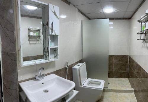 a bathroom with a sink and a toilet and a mirror at Magic rum hussen Luxury in Wadi Rum