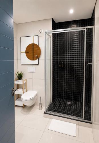 a bathroom with a shower and a toilet at Movic's Modern Airbnb in Windhoek
