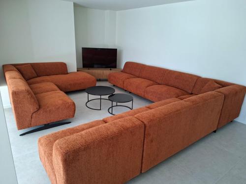 a living room with a brown couch and a television at De Villadroom in Hasselt