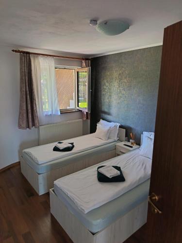 two beds in a hotel room with a window at Casa Borza in Alba Iulia