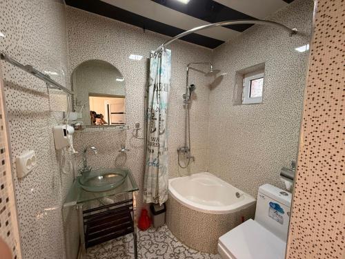 a bathroom with a sink and a shower and a toilet at Apartment Registon in Samarkand