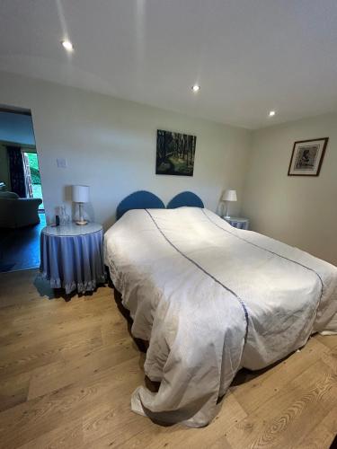 a bedroom with a large bed with two blue chairs at Annexe in Broomfield Barn in Swettenham