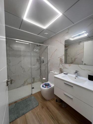 a bathroom with a shower and a toilet and a sink at Casa Emilia in San Javier