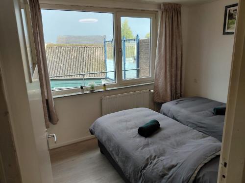 two beds in a room with a window at Vijverzicht Krabbendijke centrum in Krabbendijke