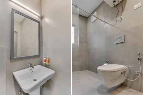 two pictures of a bathroom with a toilet and a sink at Hotel Grand Marina Near IGI Airport Delhi in Bichpuri