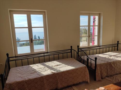two beds in a room with two windows at Harmony and Horizon villas in Athani